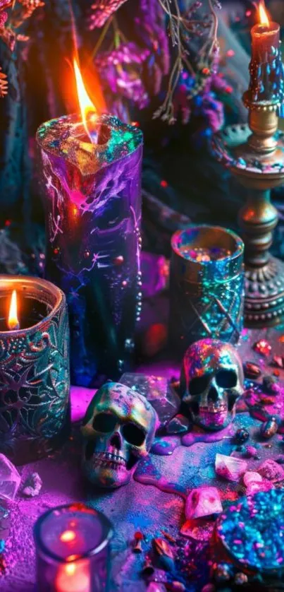 Enchanting gothic candles with skulls and crystals.
