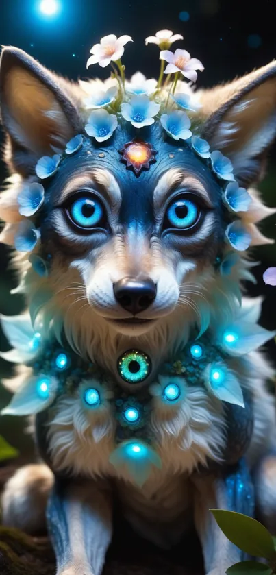 Fantasy canine adorned with glowing blue flowers and mystical aura.