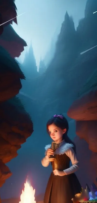 A mystical canyon scene with a girl holding a lantern under a starry sky.