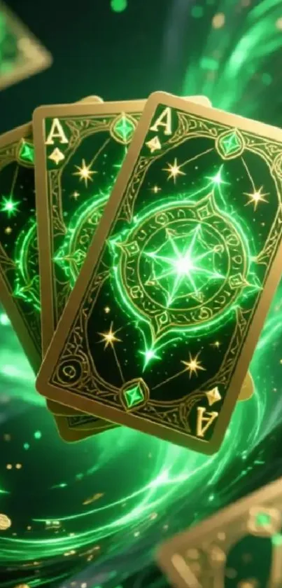 Mystical green playing cards with magical design on a vibrant background.