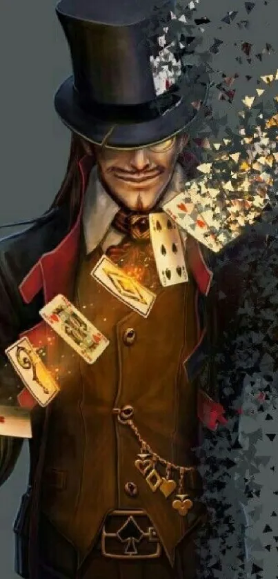 Mystical card magician surrounded by magical playing cards.