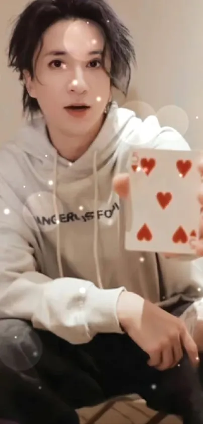 Person holding six of hearts card in focus.