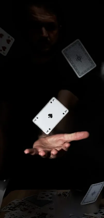 Floating playing cards in a dark mysterious atmosphere.