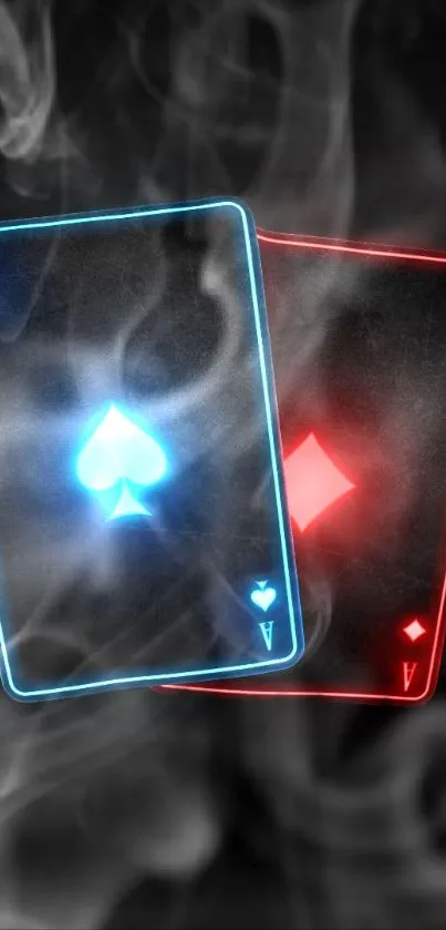 Glowing blue and red playing cards with smoke effect.