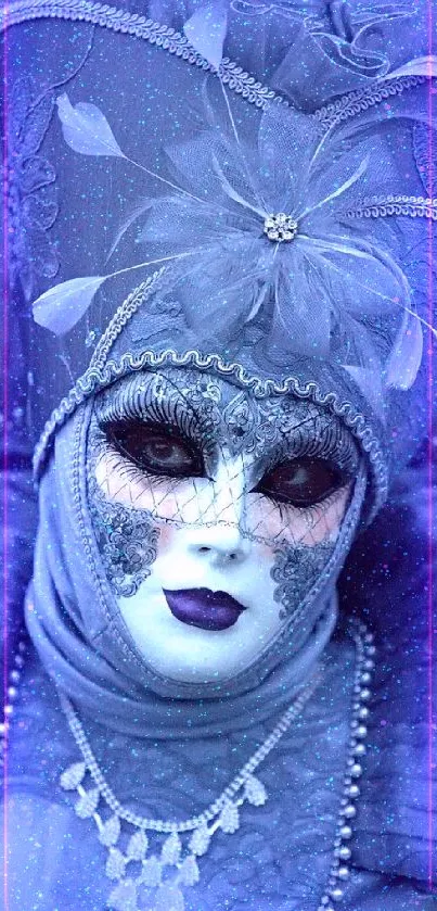 A mystical Venetian carnival mask with blue-gray lace and pearls.