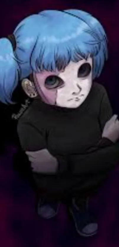 Blue-haired cartoon character in dark-themed art wallpaper.