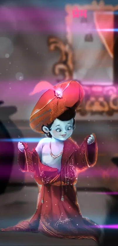 Mystical cartoon character in vibrant attire with dreamy background.