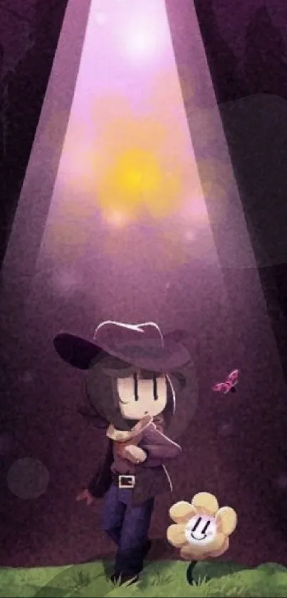 Cartoon character and flower in a mystical forest under spotlight.