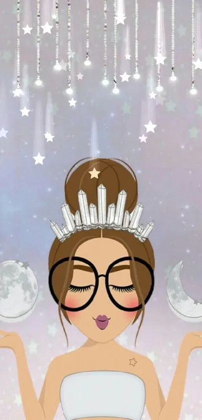 Cartoon princess with moons and stars in lavender background.