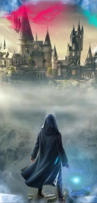 Mystical castle with a robed figure on a foggy fantasy landscape.