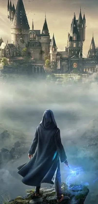 Cloaked figure with staff facing enchanted castle.