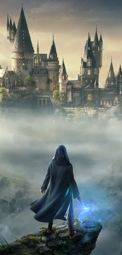 A robed figure overlooks a mystical castle shrouded in fog.