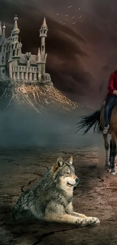 Mystical castle with wolf and rider in a dark fantasy landscape.