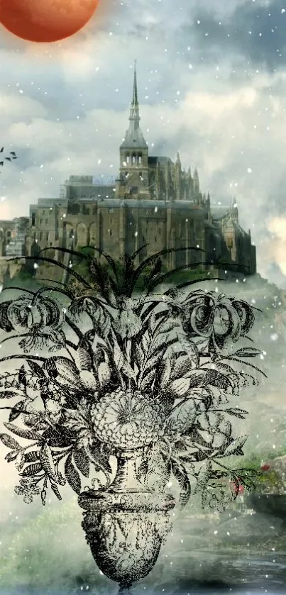 Ethereal castle with a red moon and vintage plant illustration in a mystical setting.