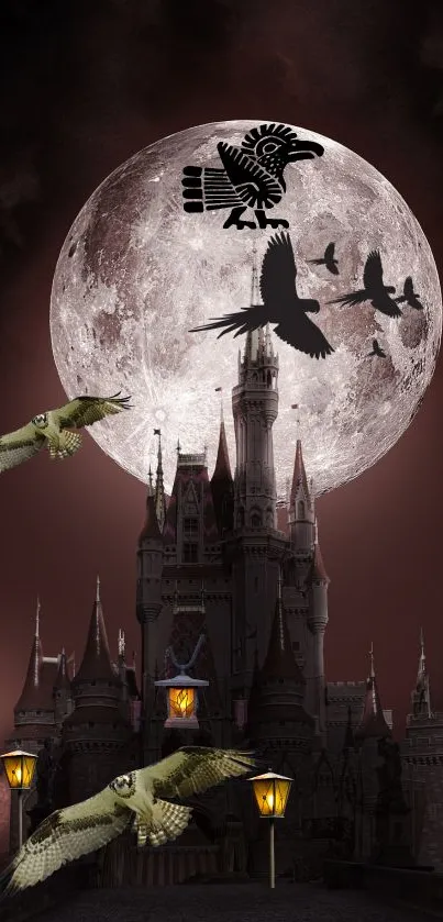 Mystical castle with birds against a full moon background.