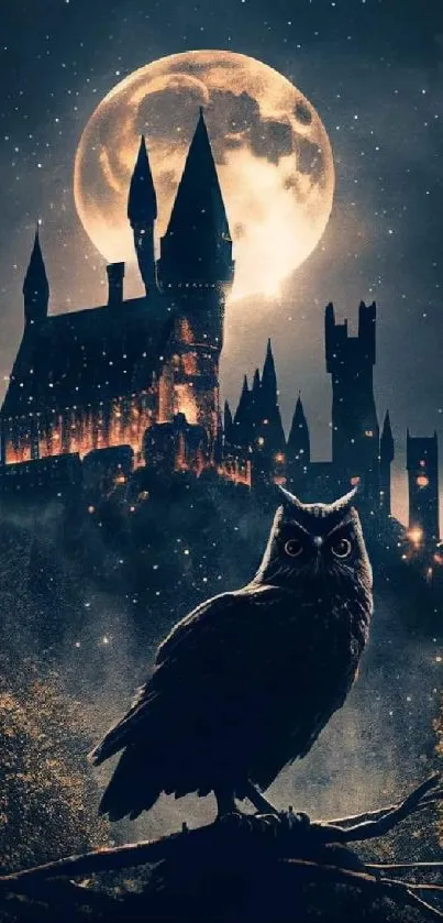 Dark castle and owl under a full moon.