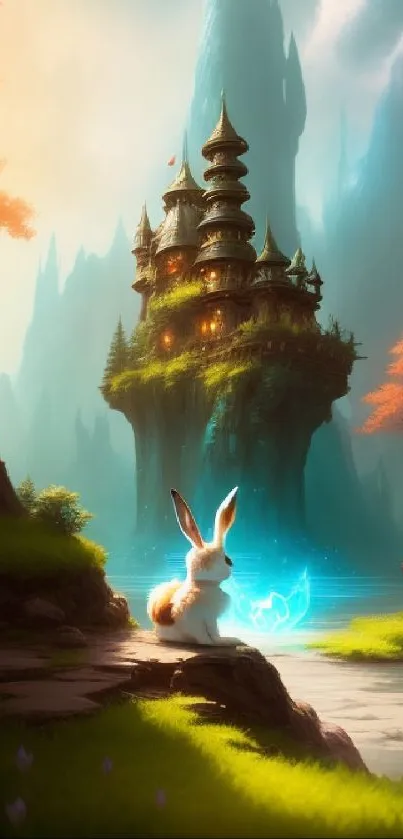 Fantasy wallpaper with castle, rabbit, and vibrant colors.