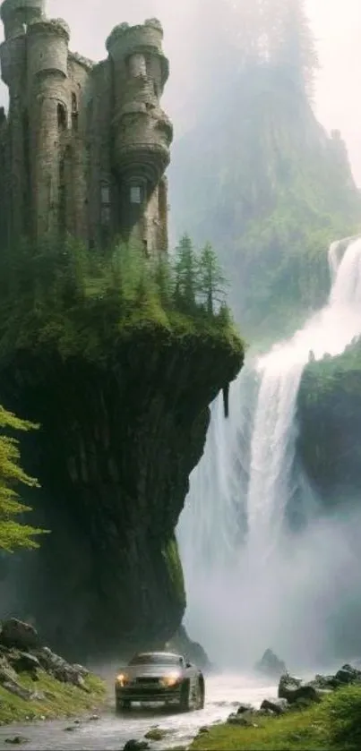 Mystical castle beside a lush waterfall with a scenic view.