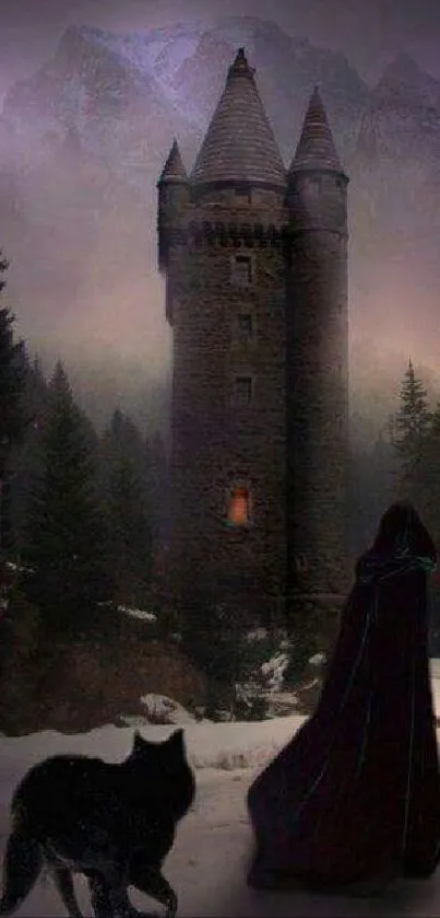 Cloaked figure and wolf near a dark castle in a mystical forest.