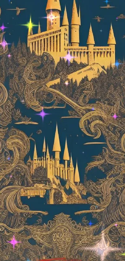 Mystical castle artwork on dark blue mobile wallpaper with golden details.