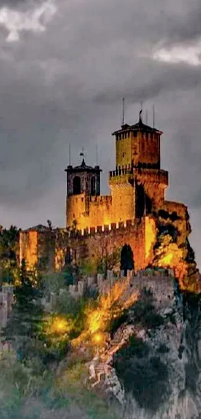 Mystical castle illuminated under cloudy skies at dusk, creating a dramatic scene.