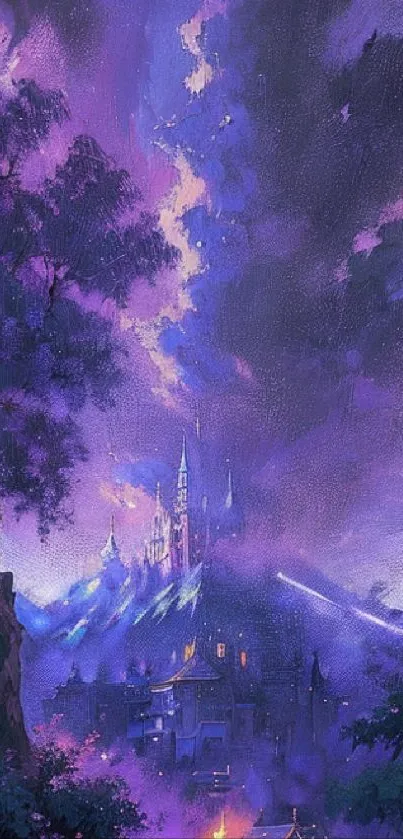 Mystical castle under a vivid purple night sky.