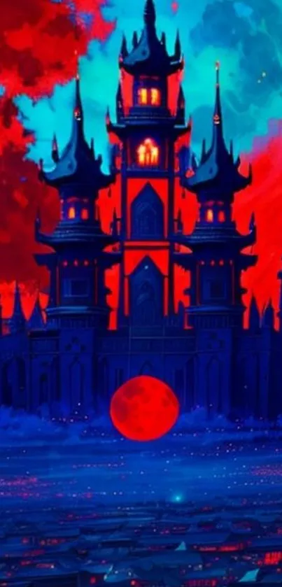 Mystical castle under red night sky wallpaper.