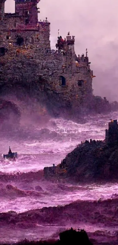 A mystical castle at sunset with purple mist and dramatic scenery.