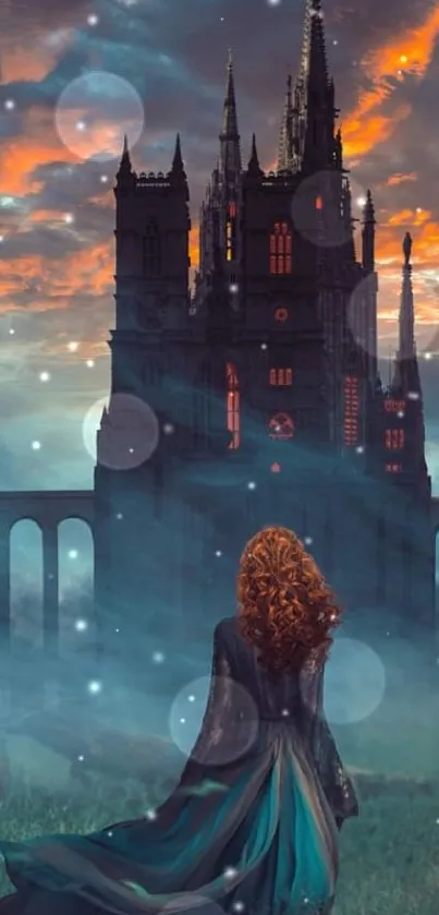 A mystical castle at sunset with a girl in the foreground, surrounded by mist.