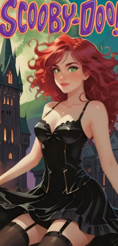 Fantasy art with red-haired character in black dress by castle.