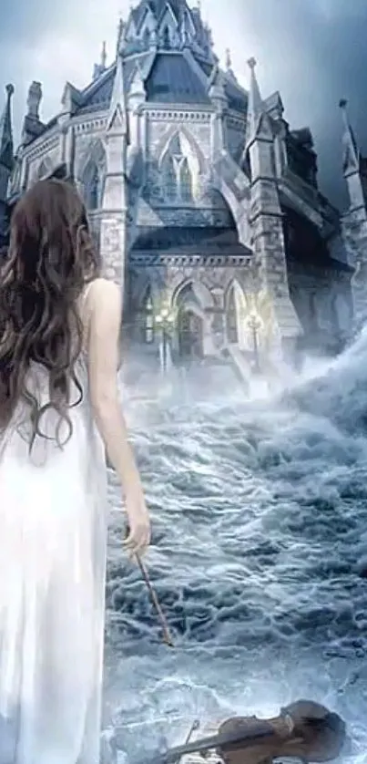 Woman in white stands before mystical castle with waves.