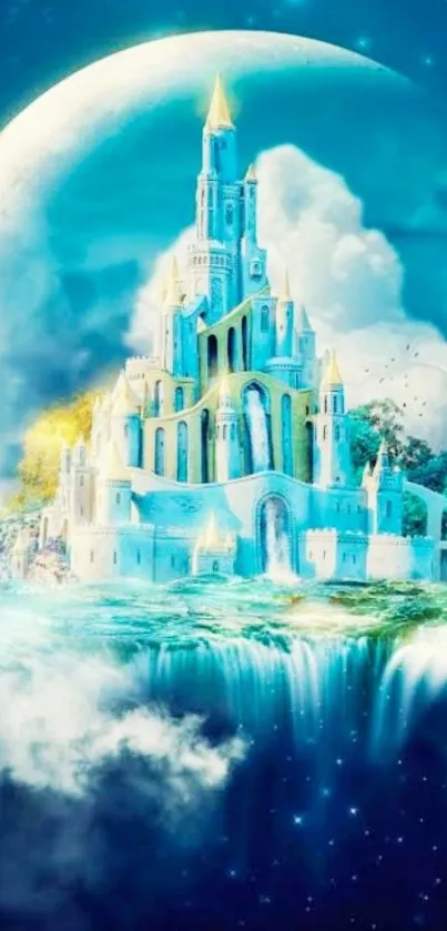 Mystical castle with moon and waterfalls in a fantasy art style.