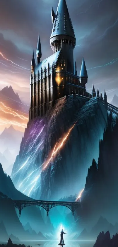 Mystical castle with lightning in fantasy art.