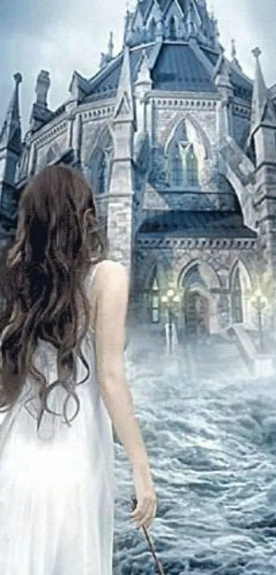 Fantasy scene with a woman facing a castle surrounded by waves.