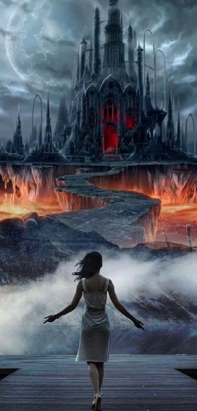 Woman approaches a mystical castle under a moonlit sky in a fantasy landscape.
