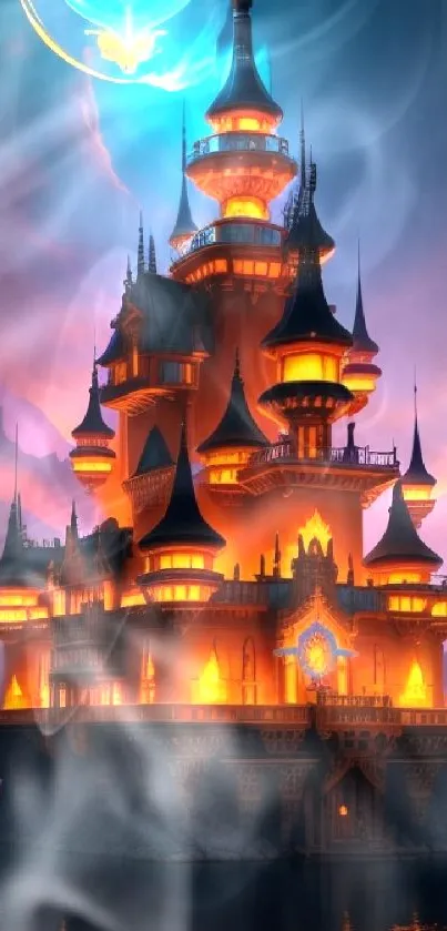 Mystical castle with floating orb and radiant orange hues in a fantasy landscape.