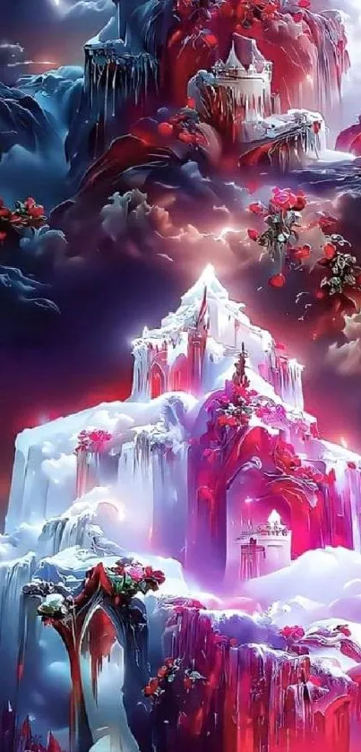 Mystical castle in moonlit fantasy landscape.