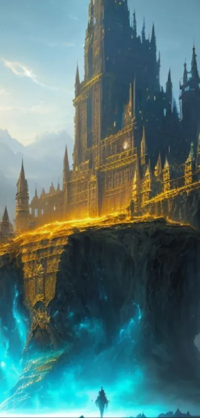 Epic castle with golden glow and mystical aura on a mountainous landscape.