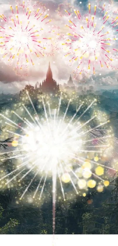 Fireworks against a mystical castle and nature landscape on mobile wallpaper.