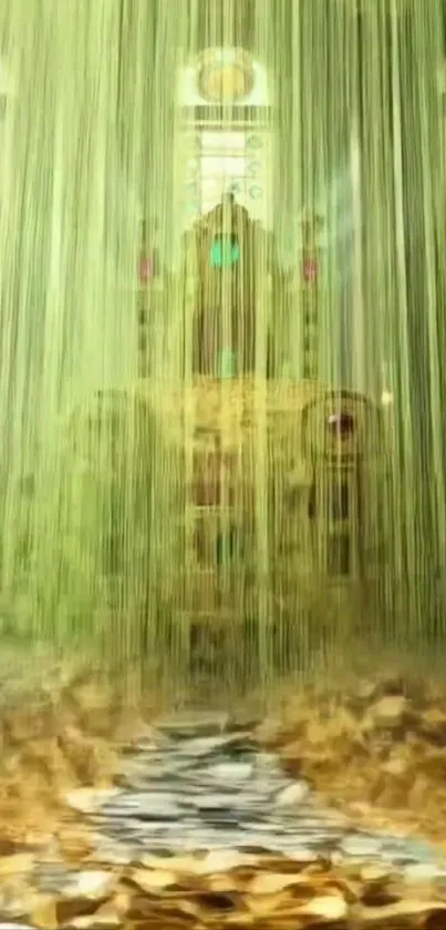 Mystical glowing castle with golden leaves.