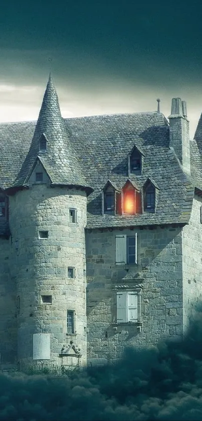 Mystical castle surrounded by clouds with dark, moody blue hues.