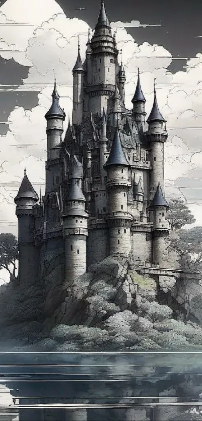 Fantasy castle floating amid serene clouds.