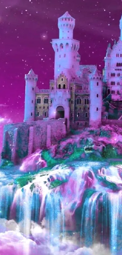 Magical purple castle with waterfalls and clouds in galaxy wallpaper.