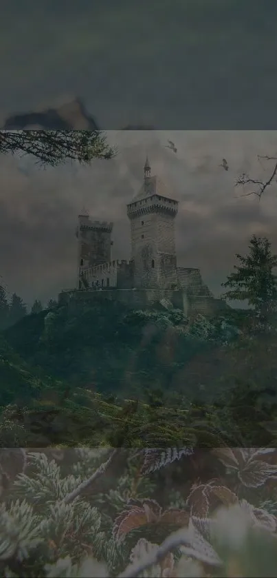 Castle amidst a misty forest landscape with towering trees.