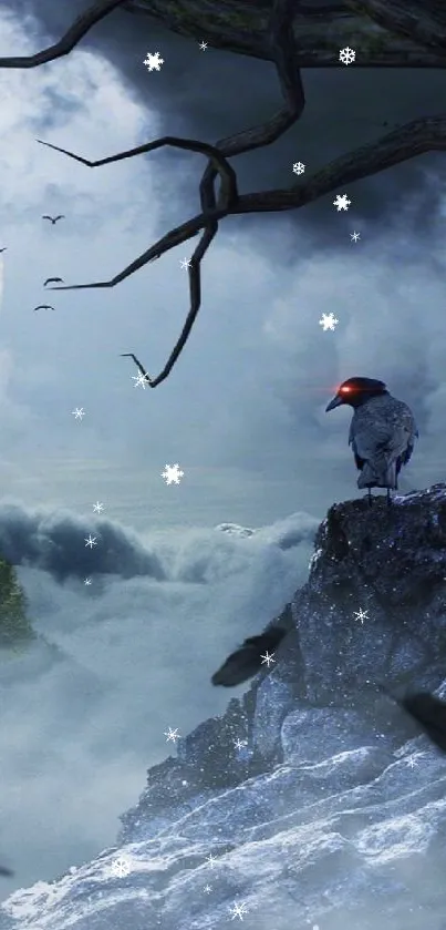 Mystical castle in moonlit clouds with a raven on a rock.