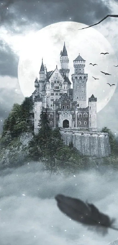 Mystical castle in the moonlight, surrounded by clouds and silhouetted trees.