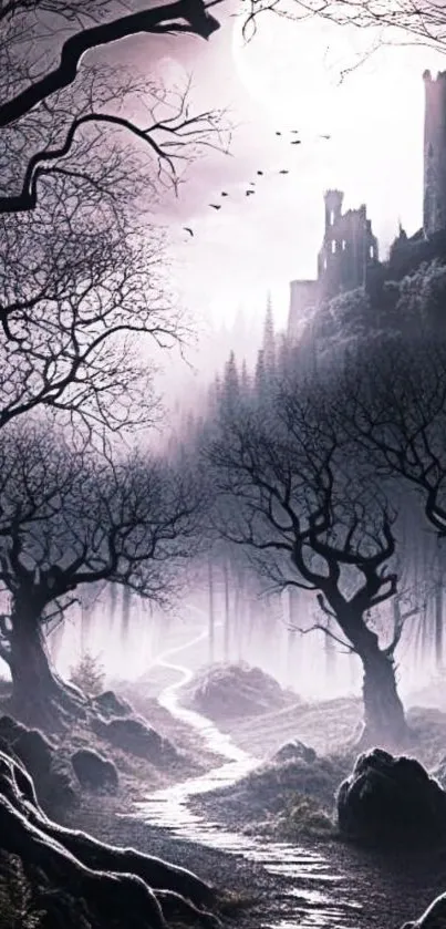 Mystical forest with a castle under moonlight creating a spooky ambiance.