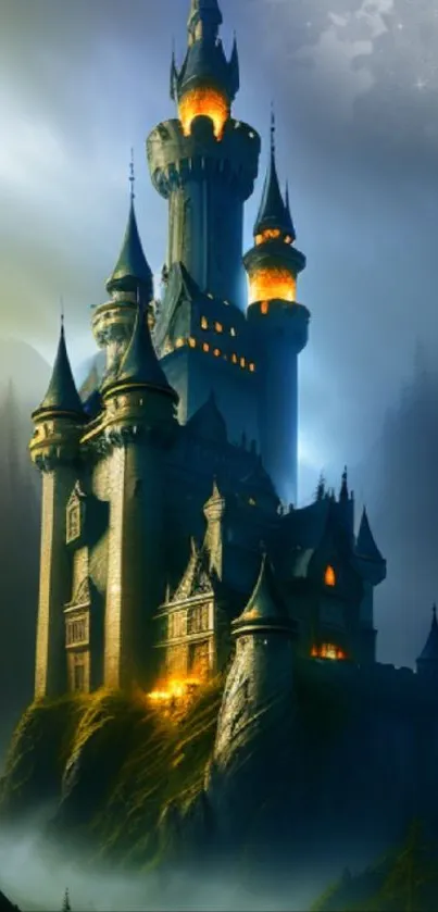 Mystical castle under moonlit sky with glowing towers and ethereal atmosphere.