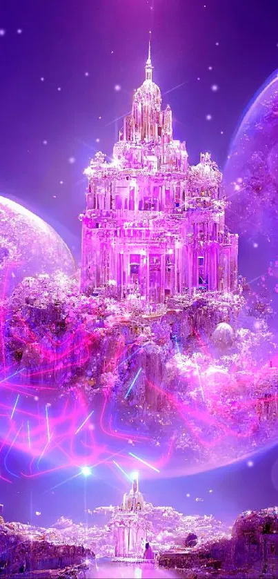 A mystical castle set in a cosmic, purple-themed space environment.