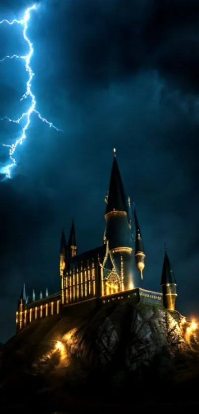 Gothic castle illuminated by lightning under a stormy dark blue sky.